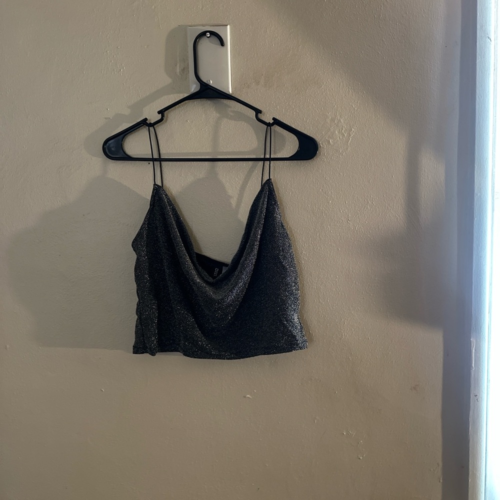 Divided Shimmering Black Cowl Neck Camisole